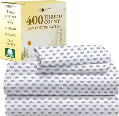 California Design Den Twin Sheet Set - 400 Thread Count Sateen, 100% Cotton, Paisley Blue