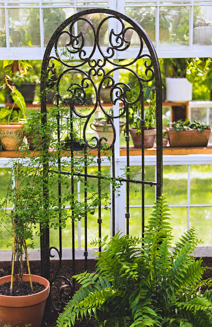 H Potter 72” Heavy Duty Garden Trellis – 60 lb Solid Iron Scrollwork Panel, 1” Metal Frame with Ground & Stabilizing Stakes (Charcoal Brown)