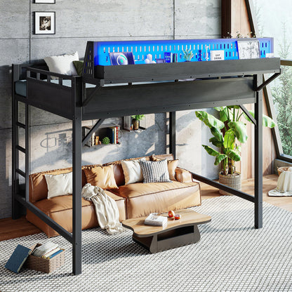 KEIKI Queen Size Metal Loft Bed Frame with Storage Shelves & Pegboard, Modern Loft Bed with USB Ports and LED Lights for Adults Studio Apartments Home Offices & Multifunction Bedrooms