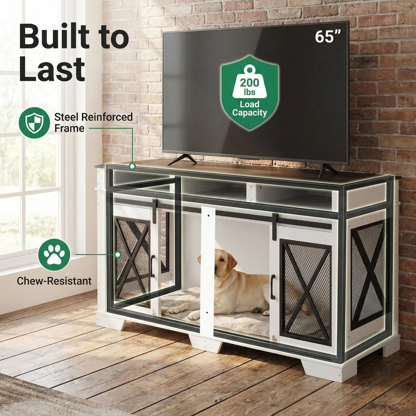 Garvee 71" Double Dog Crate Furniture with Divider, Heavy Duty Wood & Metal Dog Cage for Large Dogs, Dual Compartment Dog Kennel with Double Doors, Indoor Dog Crate TV Stand