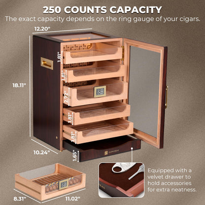 GLENCREAG M26FM-B Cigar Humidor Cabinet for 250 Cigars – Spanish Cedar Lining, Digital Hygrometer, Magnetic Seal, 5 Drawers & Accessory Storage, Transparent Top View Window– Gift for Cigar Aficionados