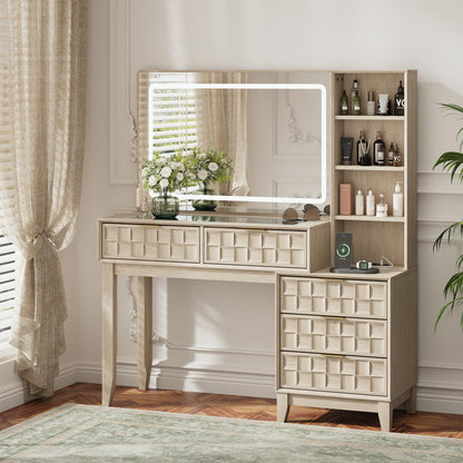 MALOL Vanity Desk, Checkerboard Wood 50" Dressing Table with 5 Drawers & 4 Storage Shelves, Large Glass Top Makeup Vanity with Built-in Power Strip with USB & Type-C, Oak Wood