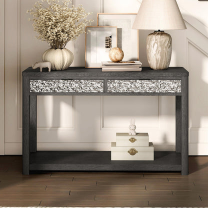 Furniture of America Selyra Modern Contemporary Solid Wood 48-inch Sofa Table with Dented Stainless Steel Accents, Wire Brush and Drawer on Ball-Bearing Glides for Living Room, Ash Gray