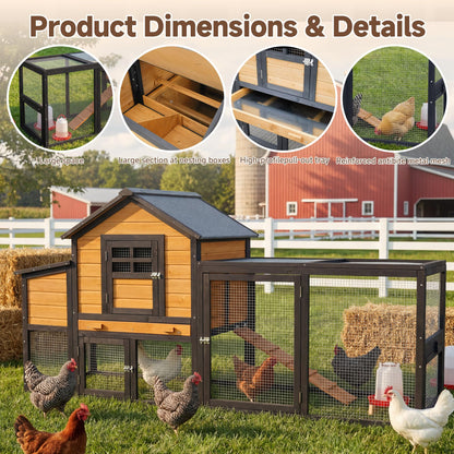 WHEGETED Large Chicken Coop Outdoor Durable Duck House Poultry Pet Hutch & 2 Wood Eggs Run Cage Nesting Box Waterproof Asphalt Roof Ramp Removable Tray Wire Fence for Backyard Small Animal 79" Orange