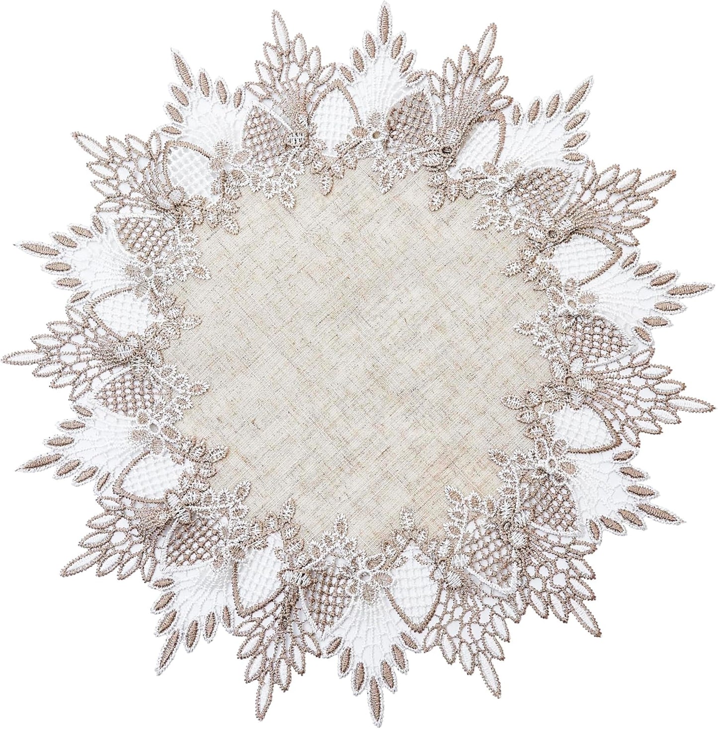 15 inches 15 Natural Linen Doily Round Neutral Earth Tones Beige Lace Coffee Table Topper Dresser Scarf Place Mats