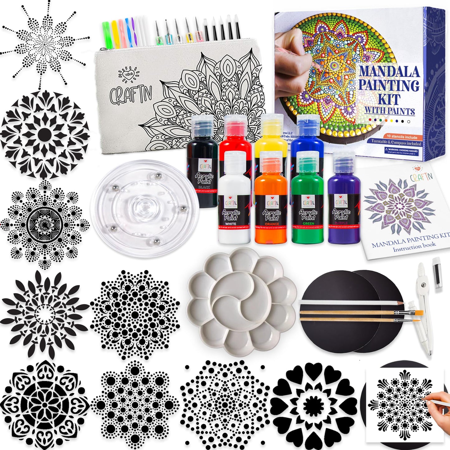 Complete Beginner's Mandala Painting 46 Piece Kit with Acrylic Paints, Reusable Stencils and Dotting Tools. Fun Rock Art & DIY Craft Project. Starter Activity Pack and Gift for Teens, and Adults