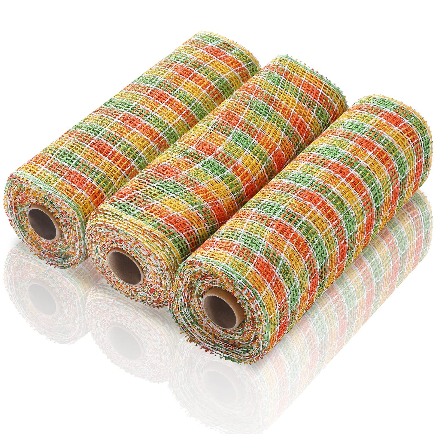 Chuangdi 3 Fall Rolls Poly Burlap Mesh 10 Inches Deco Mesh for Wreath Thanksgiving Yellow Orange and Green Sunflower Plaid Decorative Ribbon for Autumn Wreath Making Supplies