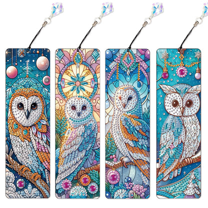 4-Piece DIY 5D Diamond Painting Bookmark Kits, Owl Special Shaped Crystal Rhinestones Book Marks, Handmade Diamond Art Bookmarks with Crystal Pendant Tassels, Decorative Craft Gift Set for Adults