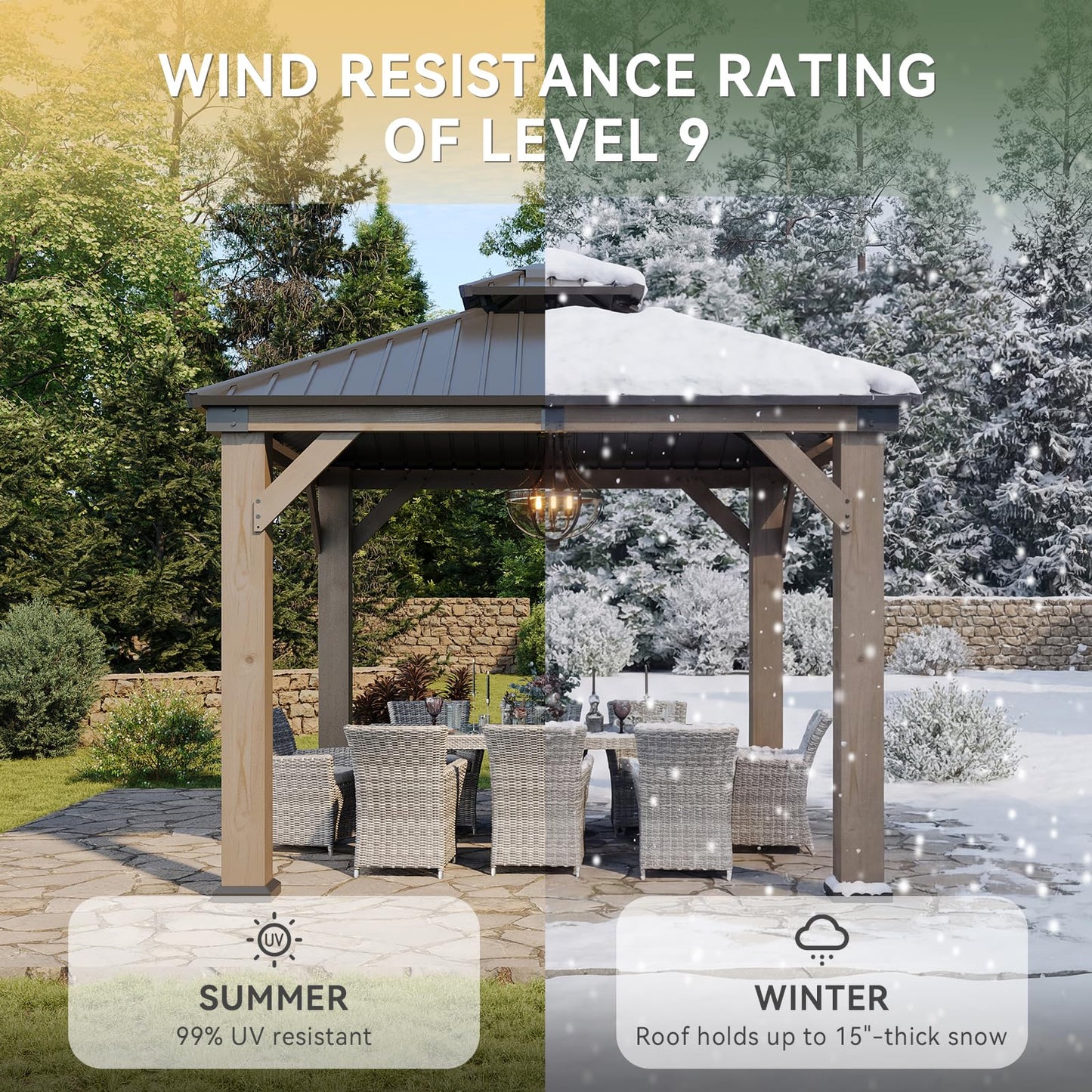 Aoxun 10' x 10' Outdoor Wood Gazebo, Hardtop Gazebo Permanent Wooden Pavilion with Galvanized Steel Double Roof, for Backyard, Garden, Deck, Cedar Wood, Grey