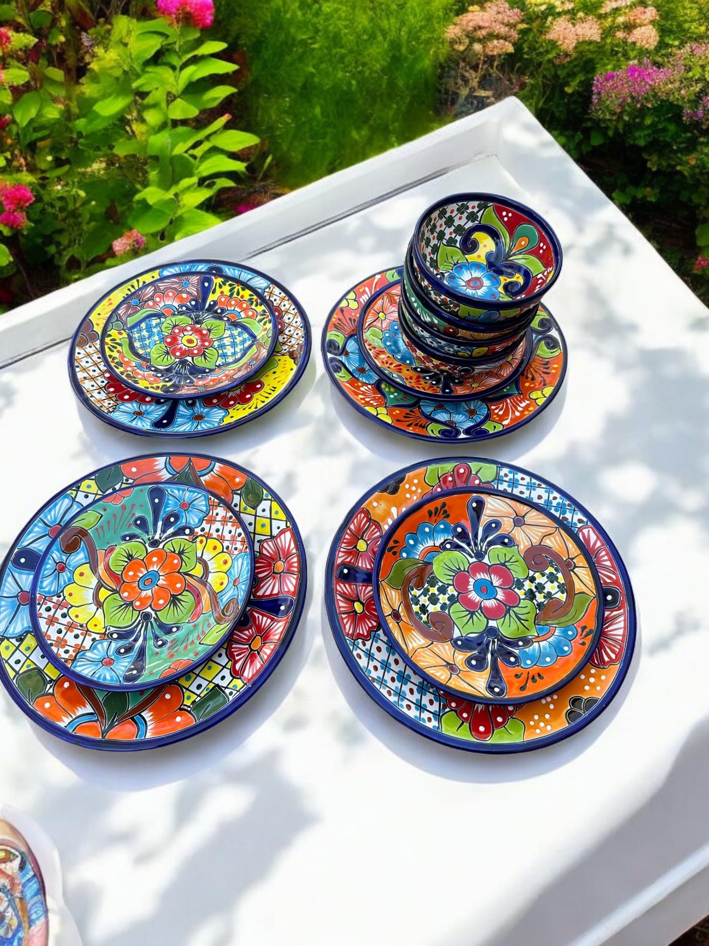16-Piece Talavera Dinnerware Set | Hand-Painted Mexican Pottery with 4 Large 11.5” Plates, 4 Small 8” Plates, 4 Bowls, and 4 Mugs | Unique, Artisan-Made Ceramic Dish Set