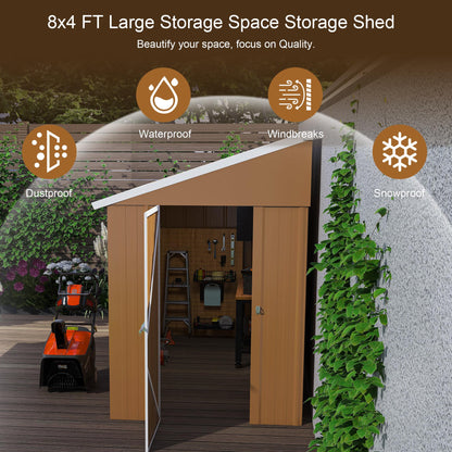 GDFStudio 8x4 FT Heavy-Duty Metal Storage Shed with Hinged Door, Windows & Ventilation, Weatherproof Galvanized Steel Outdoor Garden Shed for Backyard Lawn Patio Tool Storage, Brown, Without Floor