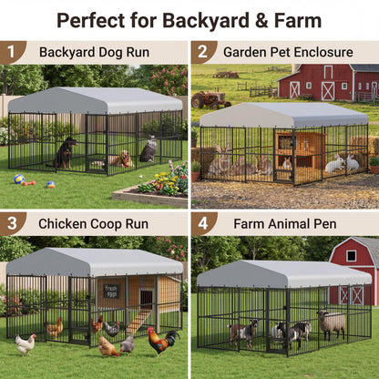 10x15 ft Outdoor Dog Kennel Heavy Duty Metal Dog Run Enclosure with Waterproof Cover & Feeding Door, Large Dog Kennel Outdoor with Lockable Gate for Backyard, Garden, Chicken Coop Run