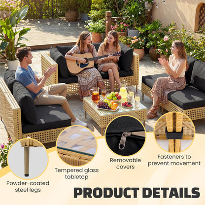 LHBcraft 7-Piece Wicker Outdoor Patio Furniture Set, Modular Rattan Outdoor Furniture, Patio Conversation Sets, Handmade Rattan, Water Resistant Fluffy Cushions and Coffee Table, Black
