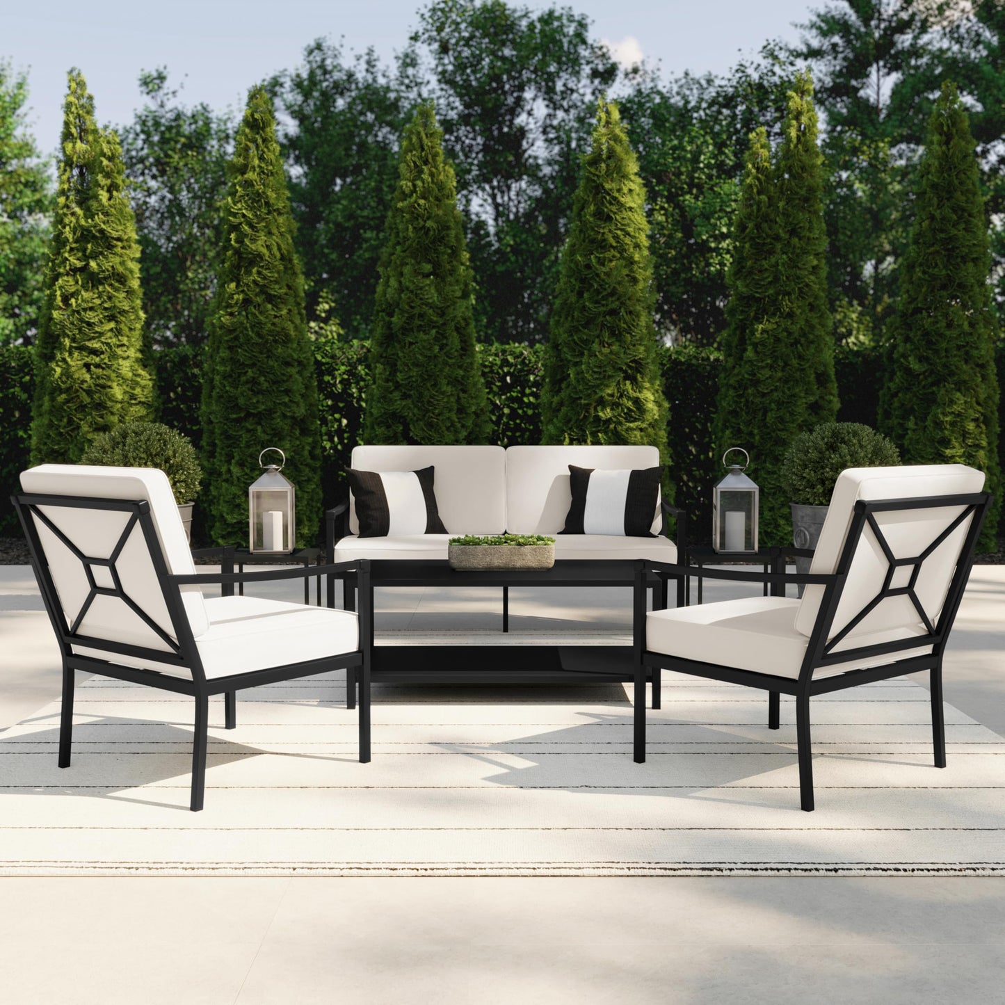 Martha Stewart Lily Pond All-Weather Patio Loveseat with Elevated Backrest Design and Steel Frame in Black with Cream Cushions
