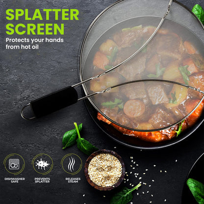 13" Grease Splatter Screen for Cooking | Stainless Steel Oil Splatter Guard and Ultra-Fine Mesh Protects Skin from Burns | TPR Tight-Grip Handle (Black)