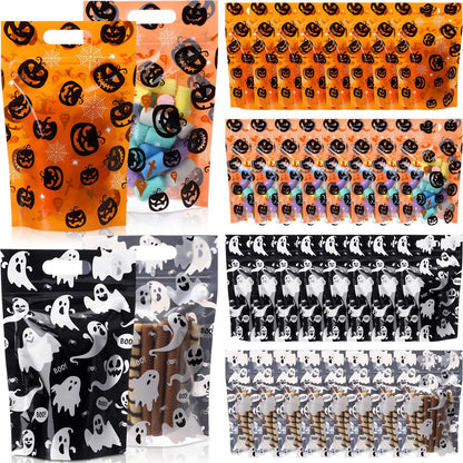Gersoniel 100 Pcs Plastic Halloween Treat Bags with Handles Treat or Trick Halloween Goodie Gift Bag Resealable Pumpkin Ghost Candy Cellophane Zipper Bags for Gift Wrapping Supplies