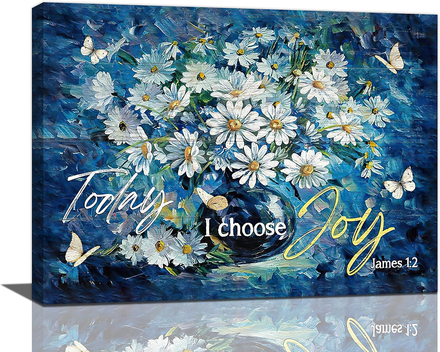 Farmhouse Navy Blue Daisy Flower Decor, Rustic Floral Butterfly Wall Art Canvas Painting Prints for Bathroom Bedroom