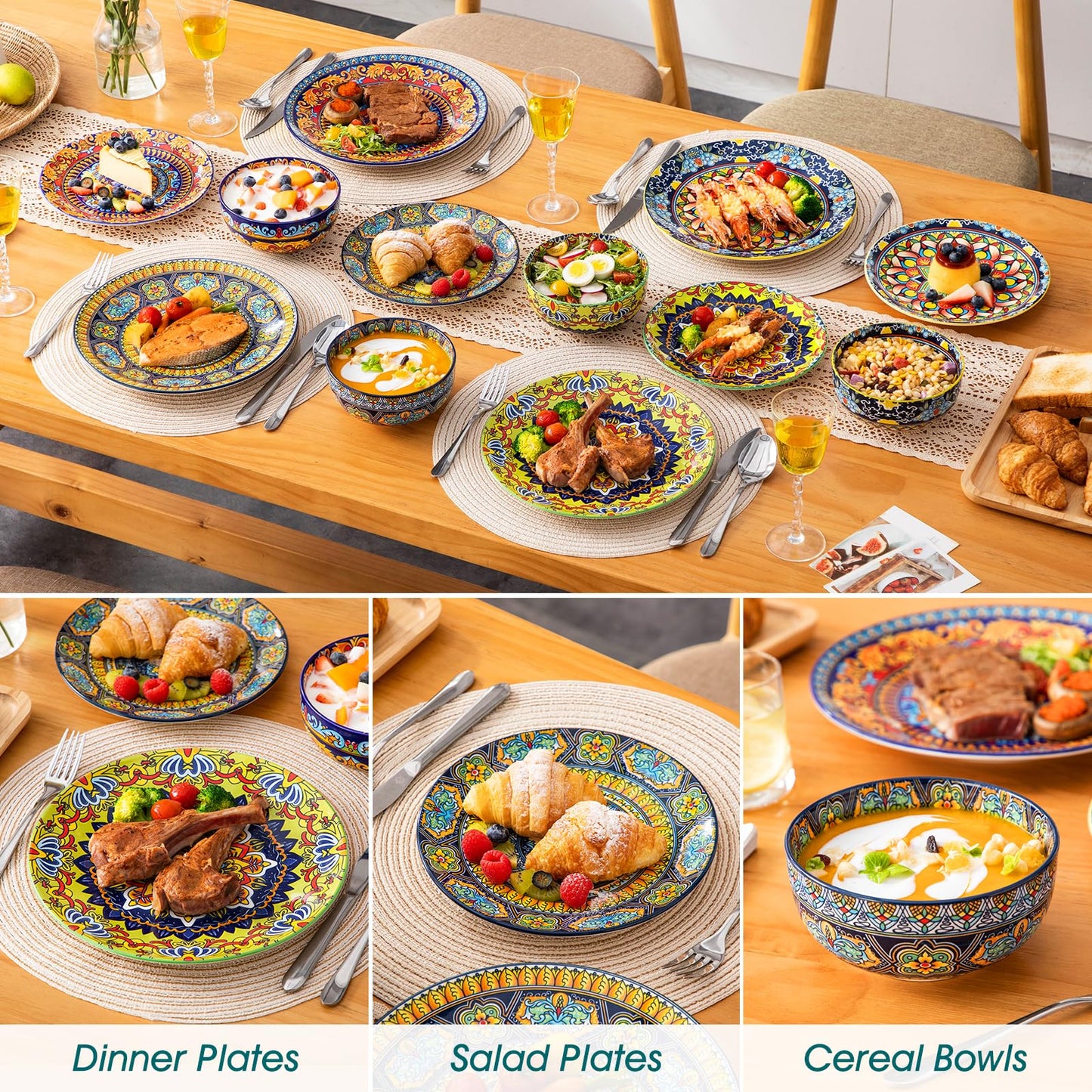 vancasso Plates and Bowls Sets,12-Piece Porcelain Dinnerware Set Service for 4, Bohemian Style Dishes Set for 4, Kitchen Dinner Set, Microwave and Dishwasher Safe, Scratch Resistant, Series KRVI