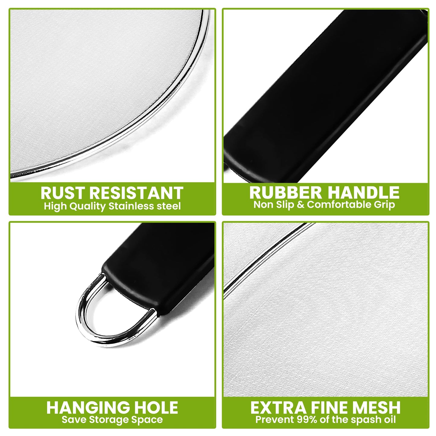 13" Grease Splatter Screen for Cooking | Stainless Steel Oil Splatter Guard and Ultra-Fine Mesh Protects Skin from Burns | TPR Tight-Grip Handle (Black)