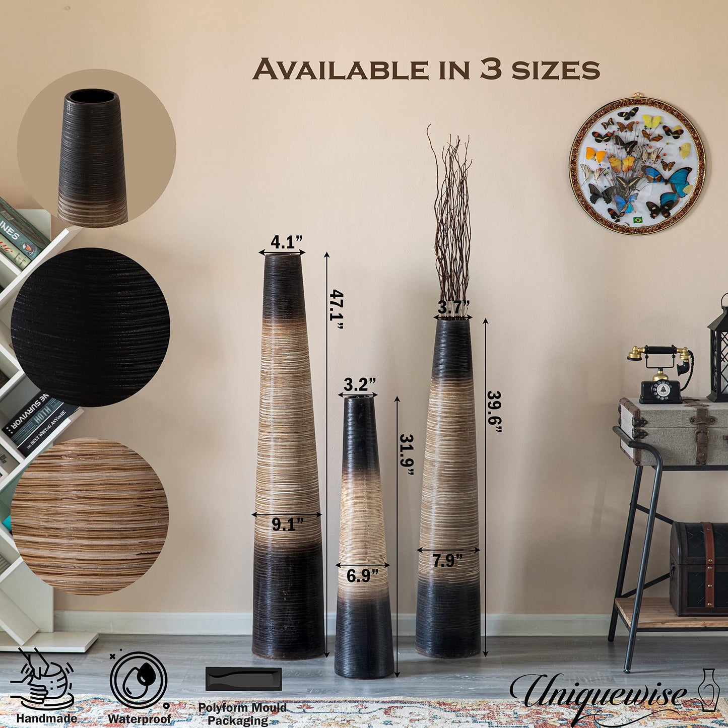 47-Inch Tall Handcrafted Brown Ceramic Floor Vase - Waterproof Cylinder-Shaped Freestanding Vase, Ideal for Tall Floral Arrangements and as a Standalone Piece