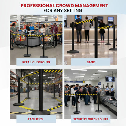 Crowd Control Warehouse Set of 2 Stanchion Retractable Belt Barriers, 11 Foot Black & Yellow Belt Barrier with 40” Black Posts, Premium Barriers with Heavy Duty Concrete Base, CCW Series RBB-100
