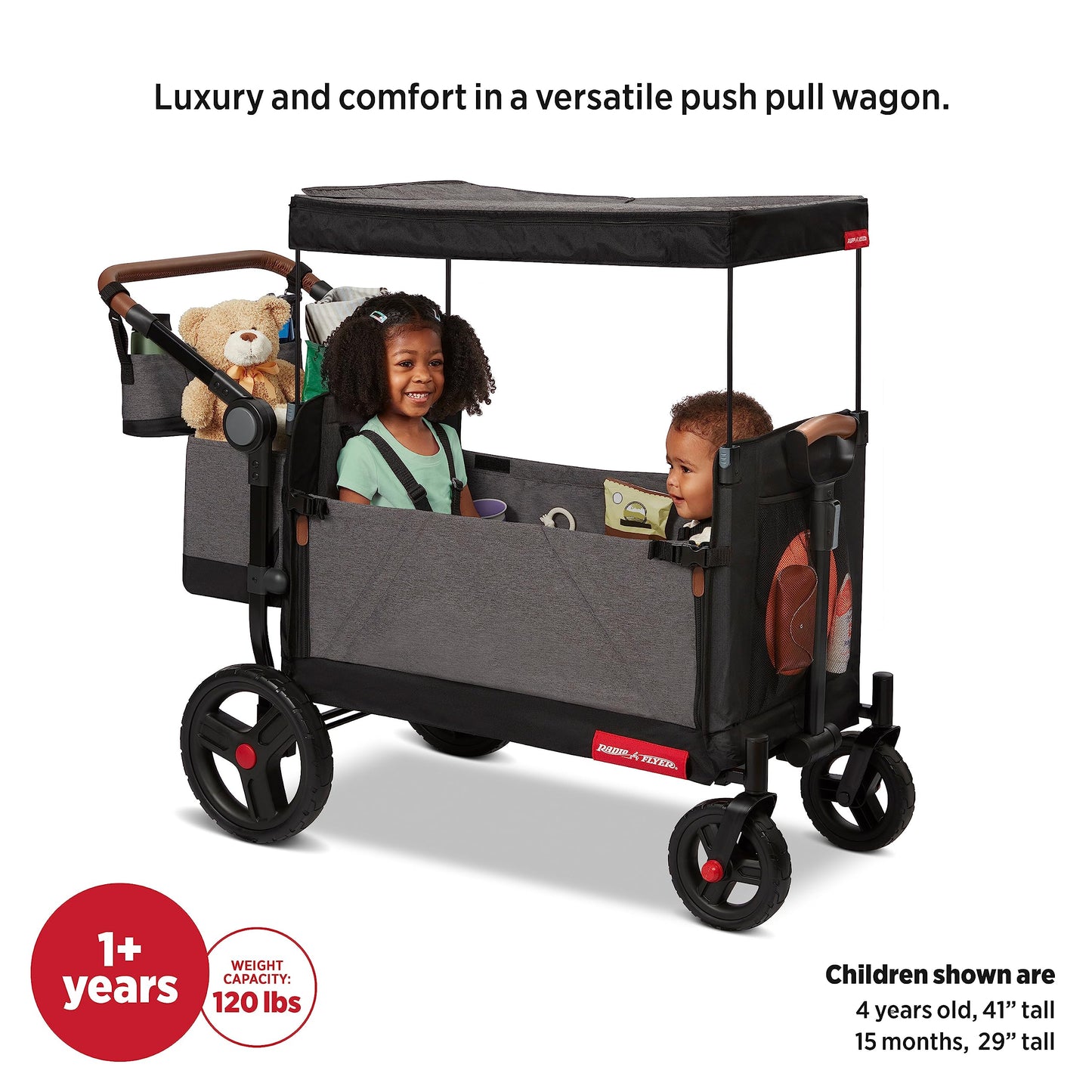 Radio Flyer Atlas Stroll 'N Wagon, Atlas Gray, for Ages 1+, 3-in-1 Push or Pull Versatility, One-Hand Fold, UV Canopy, 5-Point Harnesses, Storage Capabilities, Rubber Wheels, Stroller Wagon for Kids