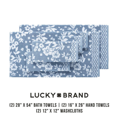Lucky Brand Folk Floral 6 Piece Bath Towel Set - (2) Bath Towels, (2) Hand Towels, and (2) Washcloths - Dusty Blue Premium Bathroom Towel Set