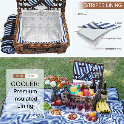 Picnic Basket for 4 Persons - Baskets with Cooler and Picnic Blanket, Classical Wicker Picnic Basket with Waterproof & Sand-Proof Beach Mat,Willow Hamper Service Gift Set