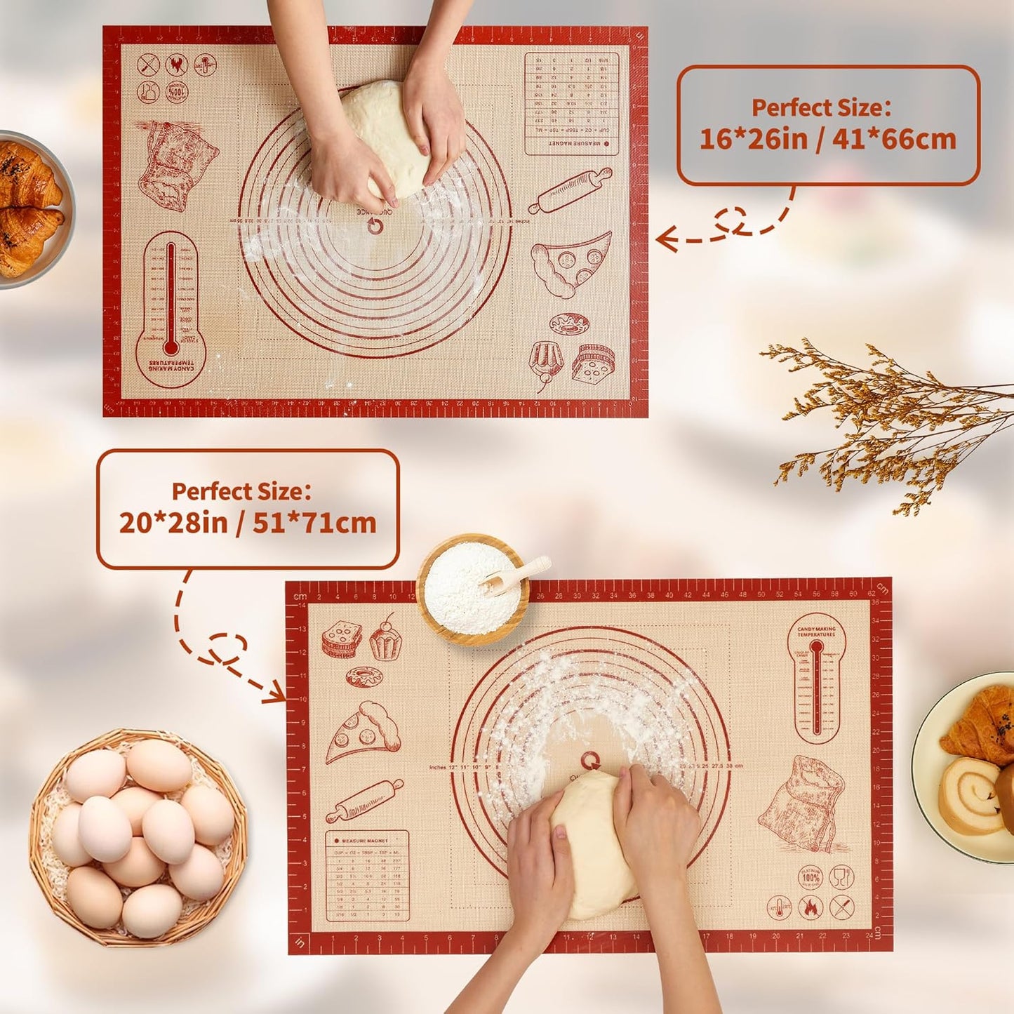 Silicone Baking Pastry Dough Mat - Extra Large 26x16 Inch Nonstick Rolling Sheet for Cookies & Bread
