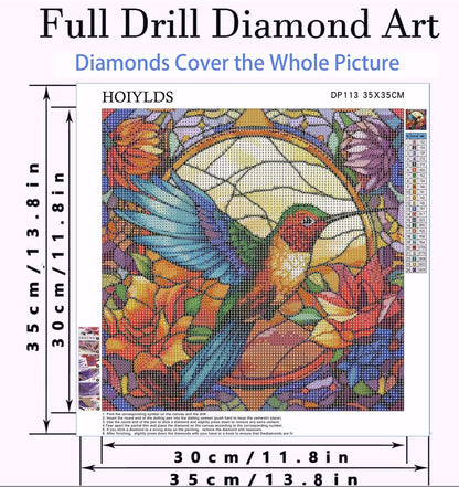 Hummingbird Diamond Painting Kits for Adults - Stained Glass Diamond Art Kits for Adults Beginner, DIY Full Drill Diamond Dots Paintings with Diamonds 5D Gem Art and Crafts Home Wall Decor 14x14inch