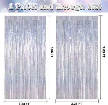 Skiennix Silver Metallic Tinsel Foil Curtains - 2 Pack Glitter Fringe Backdrop | 3.28 FT x 7.05 FT for NYE & Birthday Parties