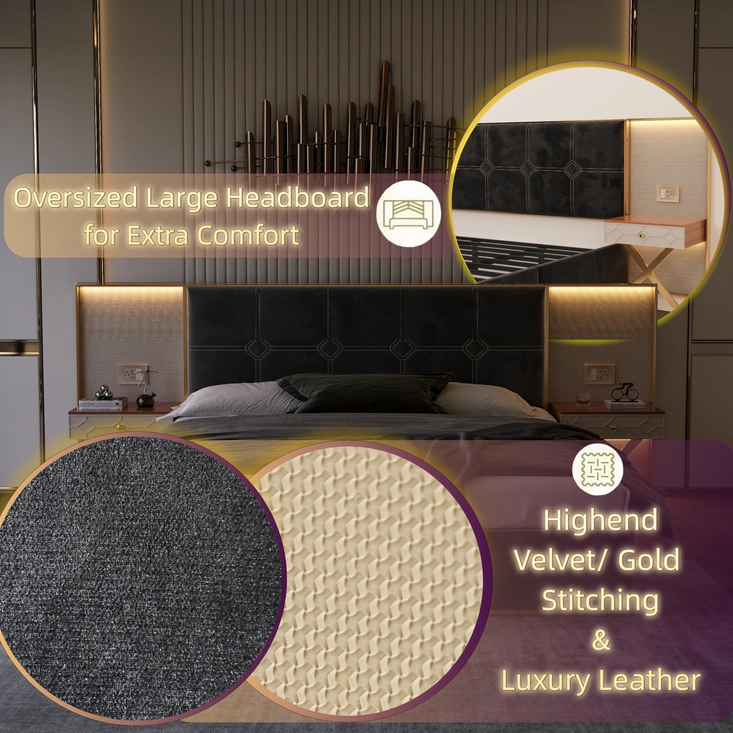 KEIKI King Bed Frame with Lights and Nightstands, Velvet Upholstered Platform Bed with Metal & Wood Frame, Built-in LED and Floating Bedside Tables, No Box Spring Needed, Black