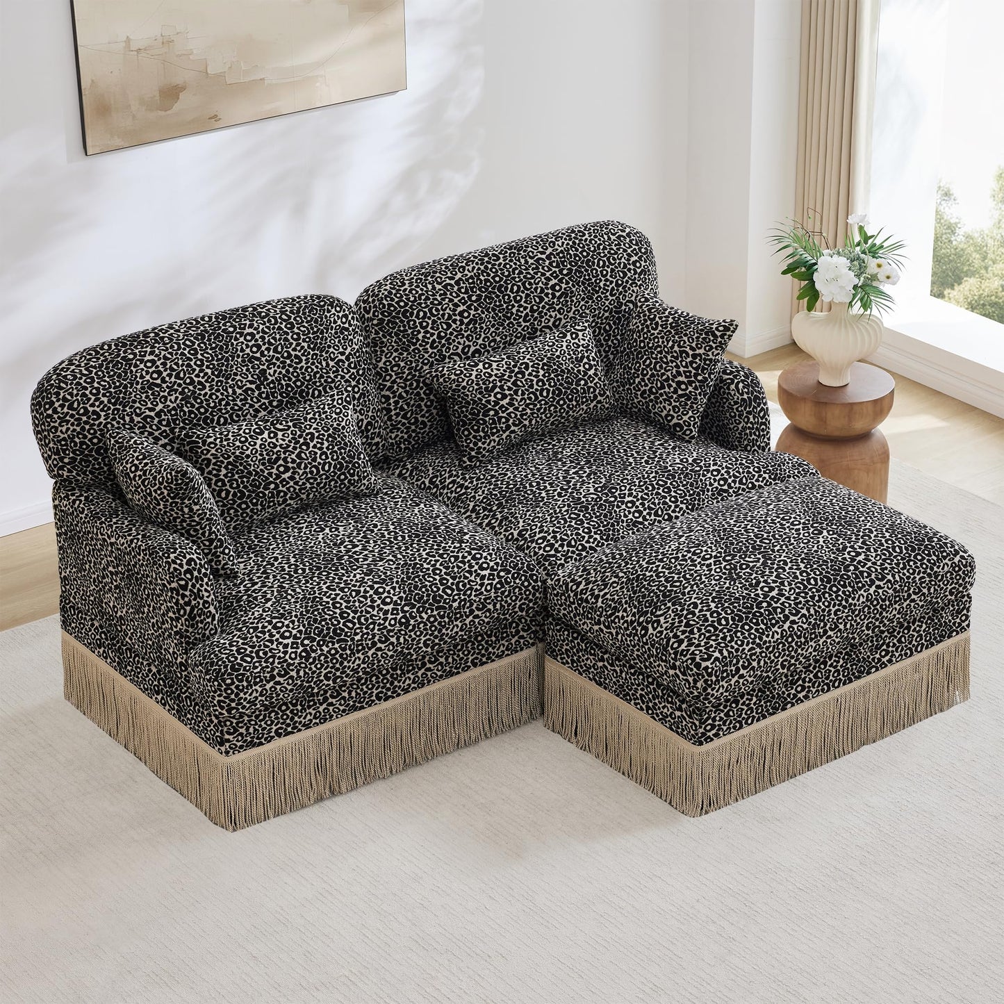 KEIKI 69.2" L Shaped Loveseat Sofa with Ottoman, Modular Chenille Leopard Print Couch with Tassel Trim, Deep Seat Sectional Sofa for Bedroom Lounge Setup