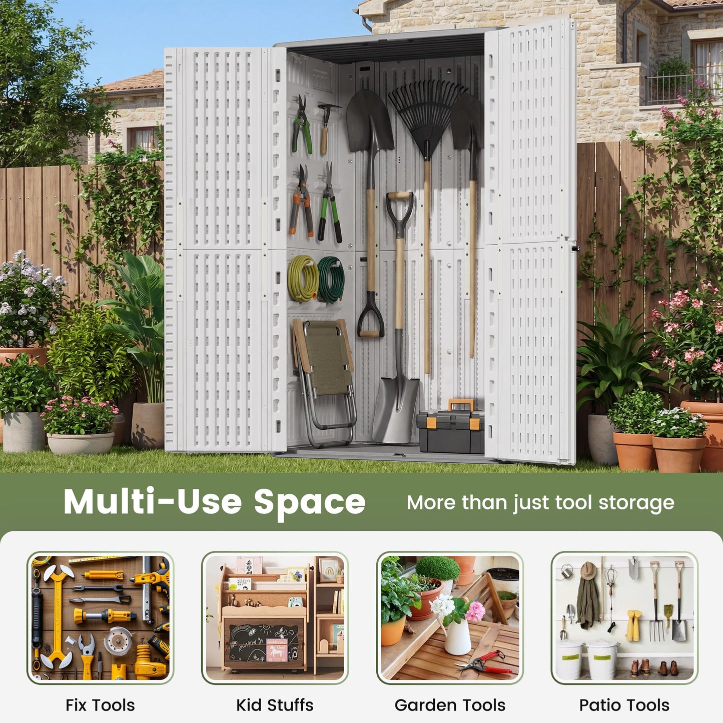 UDPATIO 67 Cu.Ft Resin Outdoor Storage Shed, Patio Plastic Vertical Sheds with Floor, Waterproof Bin Shed Horizontal Storage Cabinet for Patio, Backyards, Garden, Pool, Tool Shed