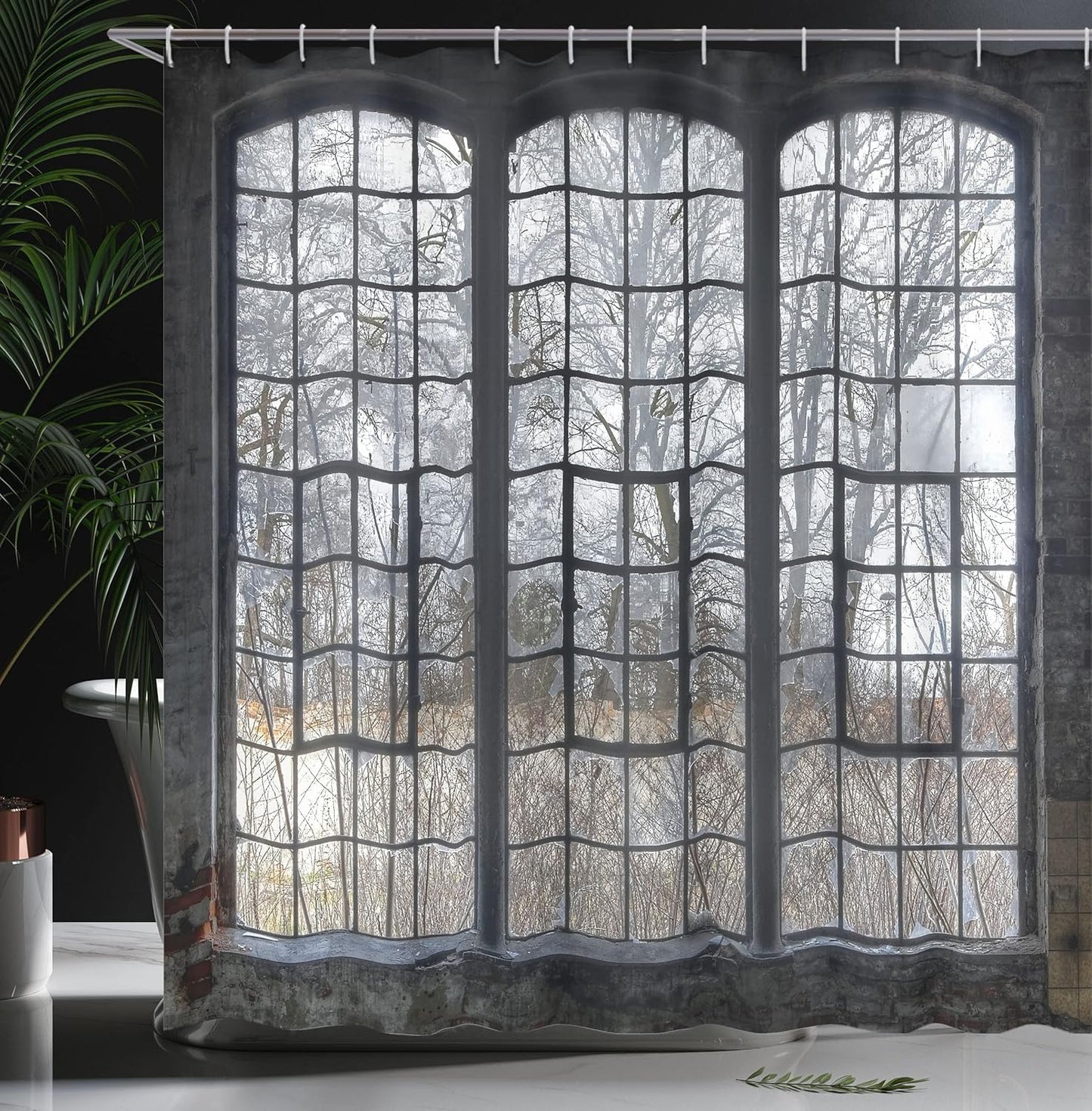 Ambesonne Industrial Shower Curtain, Old Large Window with Broken Panes, 69" W x 70" L, Green White