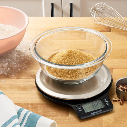 Amazon Basics Digital Kitchen Scale with LCD Display, Tare Function, Multiple Units, Weighs up to 11 Pounds, Batteries Included, Black and Stainless Steel