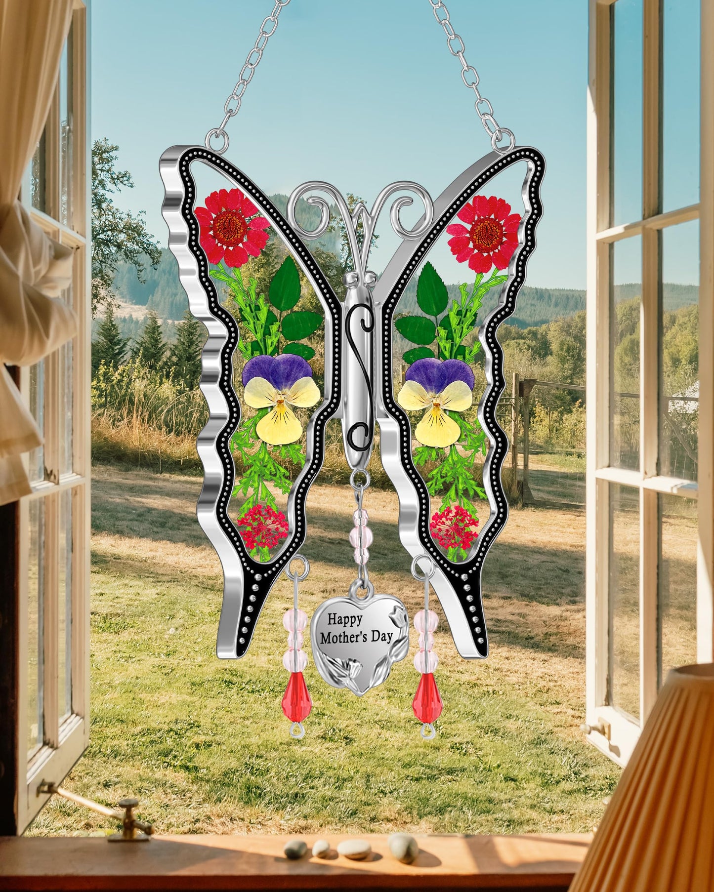 KY&BOSAM Gifts for Women Happy Mother`s Day Butterfly Suncatcher Stained Glass Suncatcher for Window Hanging Home Decor Wind Chime with Pressed Real Flower Garden Decor Gifts for Mom Mothers Day