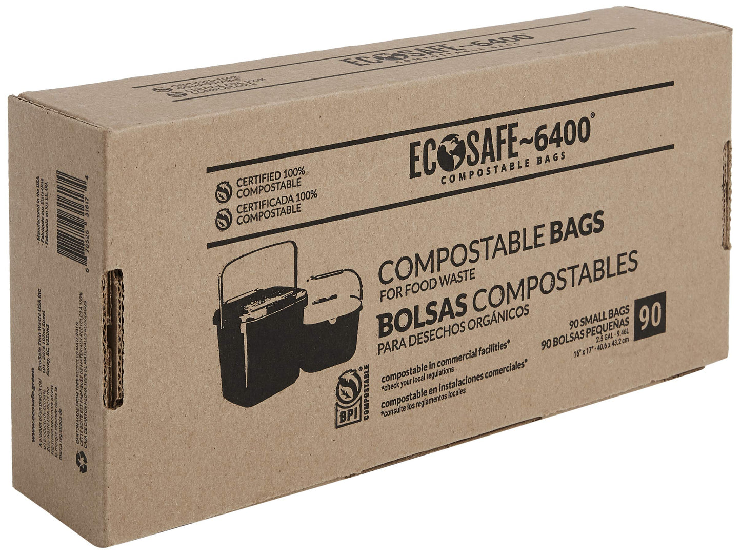 EcoSafe-6400 CP1617-6 Certified Compostable Bag - 16x17” Green Bags for 2.5 Gallon Bin - Extra Strong Leak, Puncture and Tear Resistant Food Scraps Bin Liners, Pack of 90