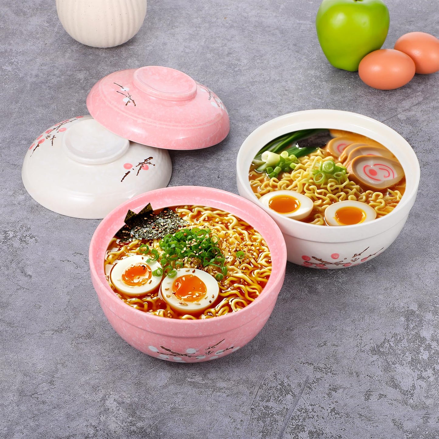 mekueeex 2 Pack Ceramic Ramen Noodle Bowl, 27 OZ Big Ramen Bowl with Lid, Japanese Hand-Painted Ceramic Tableware, Durable Floral Soup Bowl for Noodles, Porridge, Rice, Dishwasher Safe(Pink, Beige)