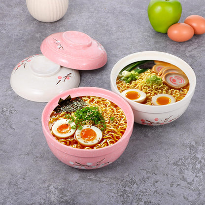 mekueeex 2 Pack Ceramic Ramen Noodle Bowl, 27 OZ Big Ramen Bowl with Lid, Japanese Hand-Painted Ceramic Tableware, Durable Floral Soup Bowl for Noodles, Porridge, Rice, Dishwasher Safe(Pink, Beige)