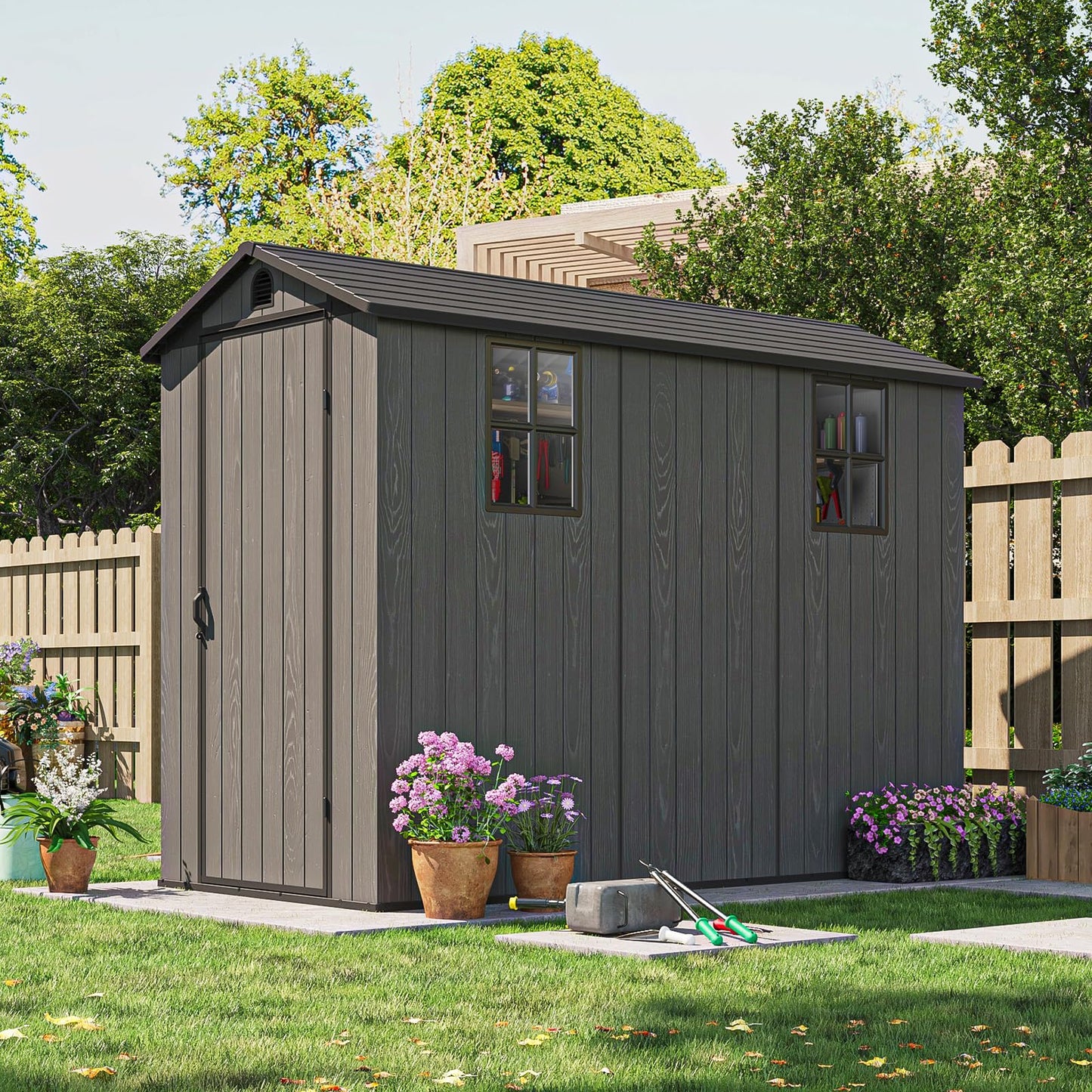 Patiowell 4x8 FT Plastic Outdoor Storage Shed with Floor, Garden Tool Shed with Two Windows and Single Lockable Door for Garden, Backyard, Lawn, Easy to Install, Dark Grey