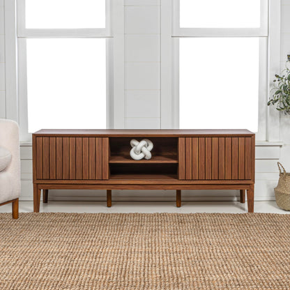JONATHAN Y Gennaro 58" Mid-Century Wood TV Stand Media Console with Slatted Sliding Doors, Entertainment Center for Living Room with Adjustable Shelves and Cable Management, Walnut TVS1000B