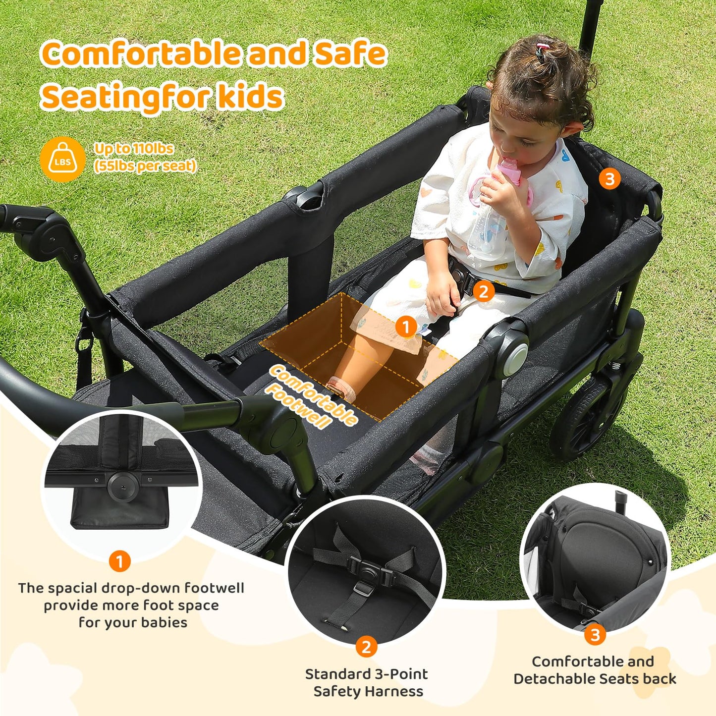 ELEMARA Stroller Wagon, 2 Seat Stroller for 2 Kids, Premium All Terrain Stroller for Kids w/Removable Canopy, Adjustable Push/Pull Handle, Large Storage Bag, Black