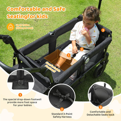 ELEMARA Stroller Wagon, 2 Seat Stroller for 2 Kids, Premium All Terrain Stroller for Kids w/Removable Canopy, Adjustable Push/Pull Handle, Large Storage Bag, Black