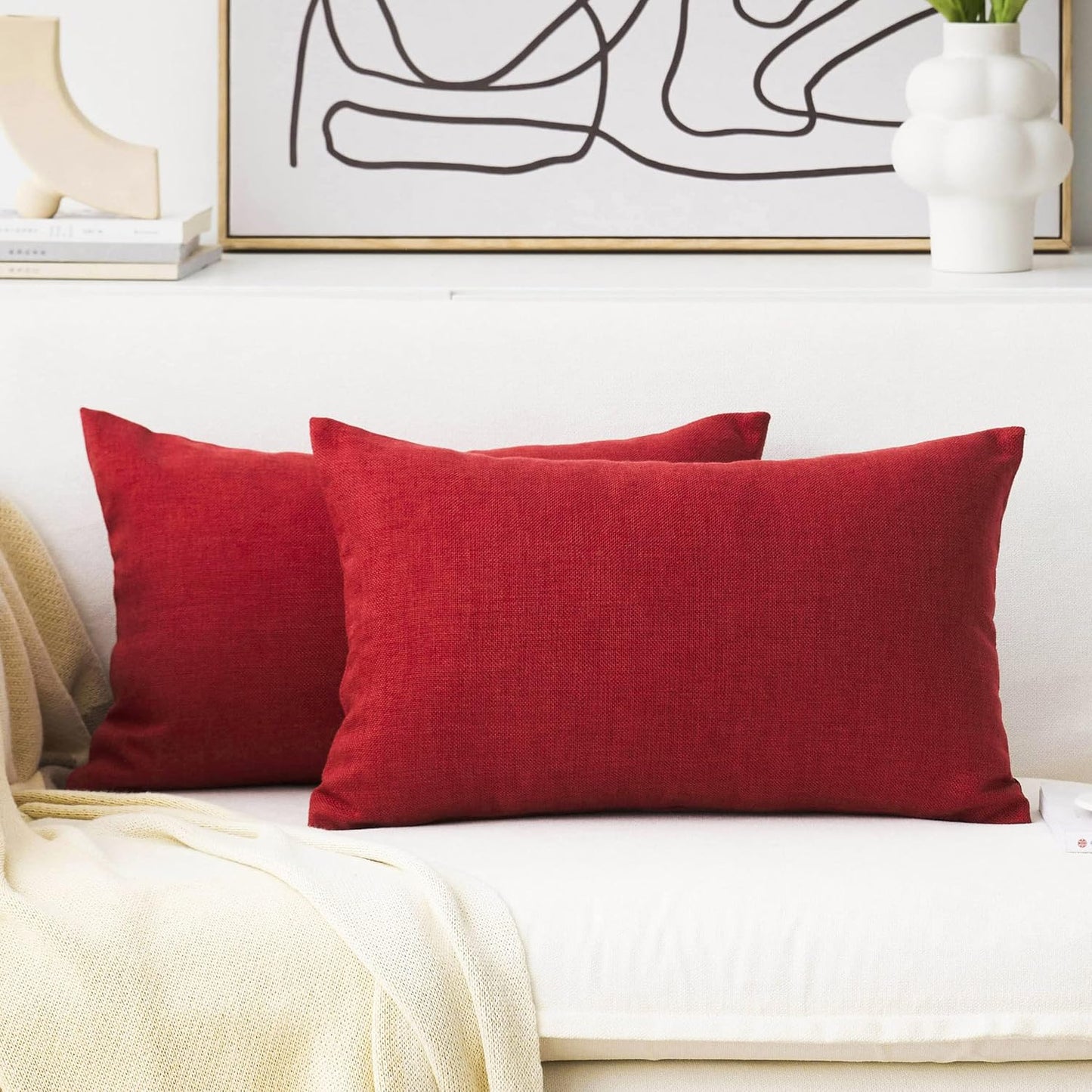 Home Brilliant 12x20 Lumbar Pillow Covers, Dark Red Cushion Covers for Kids Room, 2 Pack, Burgundy Linen