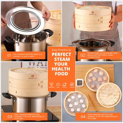 KITCHENCRUST Bamboo Steamer Basket for Chinese Asian Cuisine - 2 Tier 10-Inch Steaming Basket Bun Vegetable Steam, Dumpling Steamer bamboo steam basket, Sauce Dish, Chopsticks, Reusable Liners, Ring