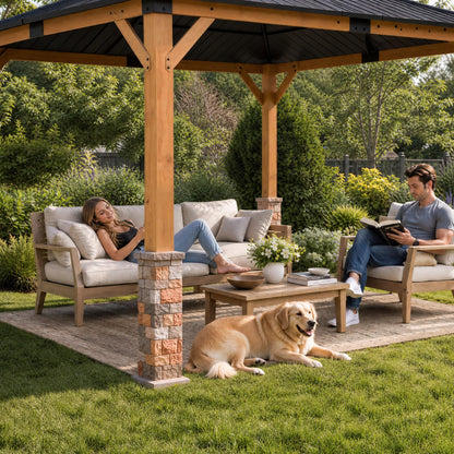 10' x 12' Wood Gazebo, Permanent Pavilion with Hardtop Galvanized Steel Double Roof, Cedar Gazebo with 4.72" Thickened Wooden Posts for Poolside, Patio, Backyard, Garden and Deck