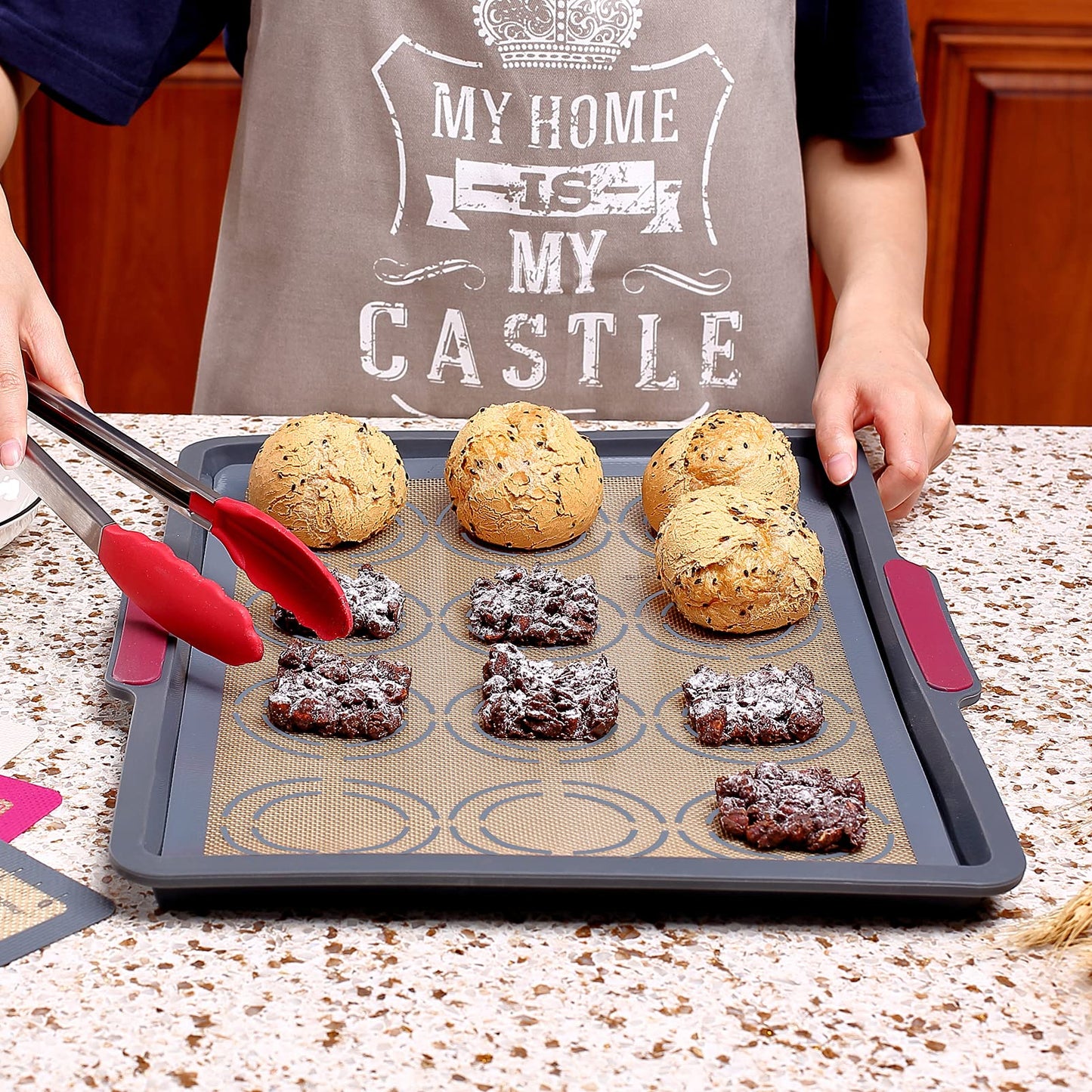 Silicone Baking Mat Set of 6, GUANCI Grade Food Baking mats Non-Stick Reusable Pizza Bakeware Mat for Making Macaroon, Pizza, Cookie, Pastry, Bread, Bun(Grey)