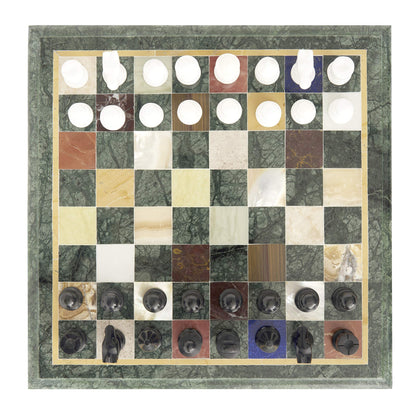 Queenza Green Marble Chess Sets for Adults Unique - 12 Inch Inlaid with Gemstones Handmade Chess Board Game with Alabaster Marble Chess Pieces Set of 32 - Tournament Chess Set with Storage