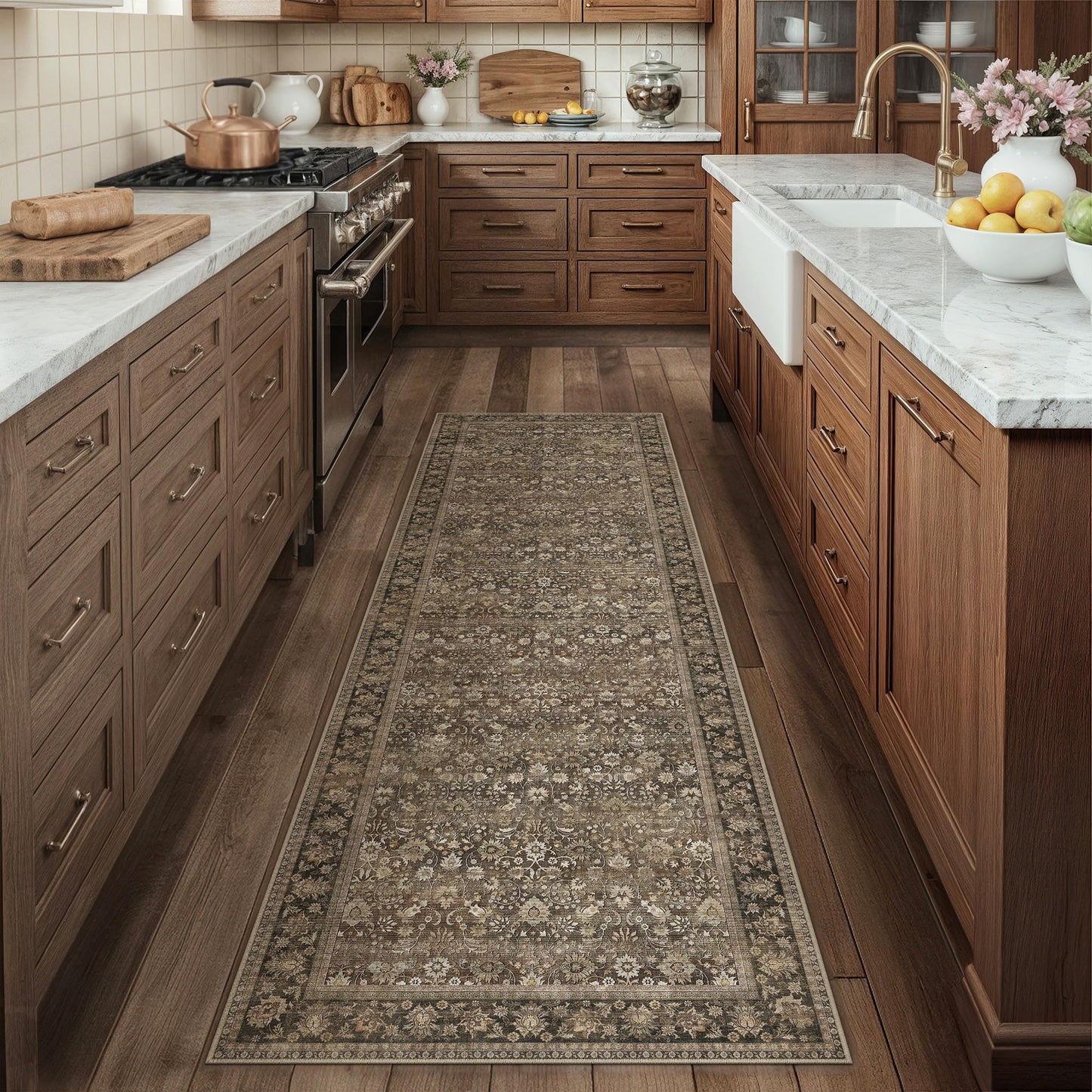 HUGEAR 2x8 Runner Rug Machine Washable Brown Hallway Area Rug Indoor Accent Rugs Floral Low Pile Carpet Soft Throw Rugs Bedroom Living Room Office Dining Kitchen Laundry Non Slip